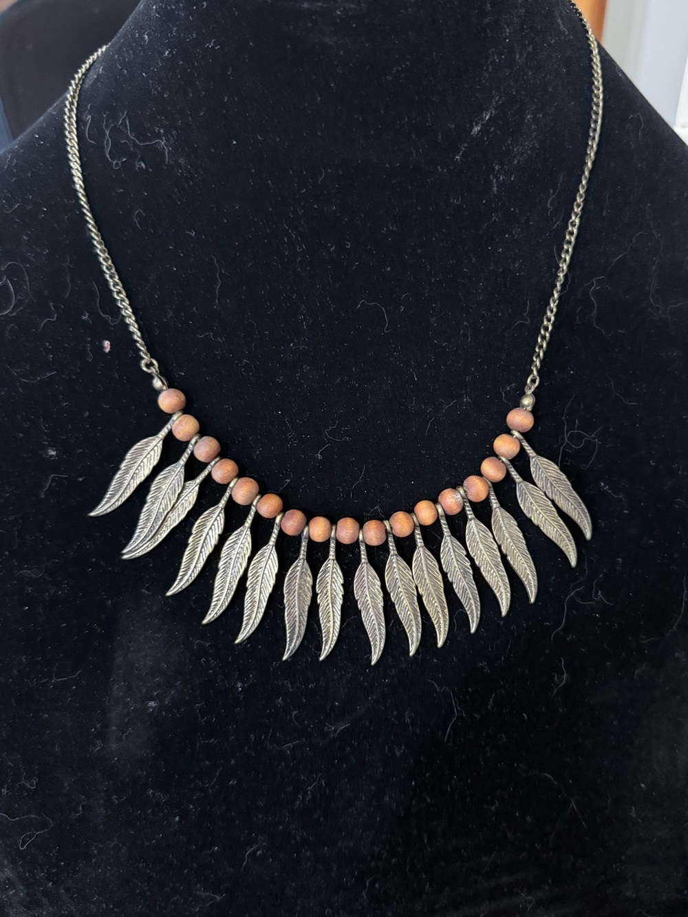 Boho Silver tone Feather Necklace with Brown Beads
